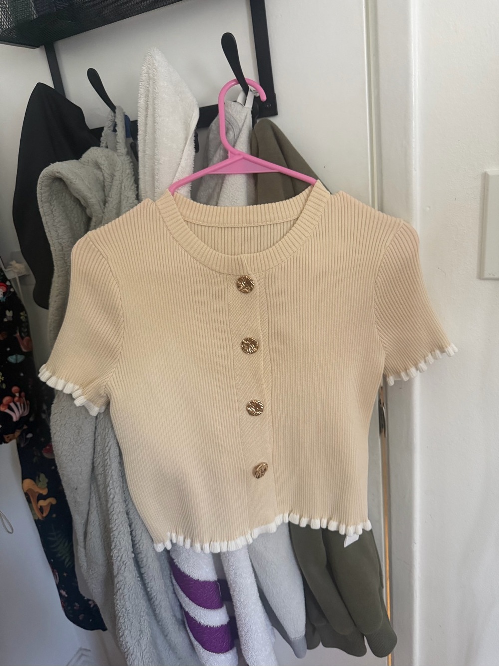 Zara Cream Ribbed Short-Sleeve Cardigan with Gold Buttons